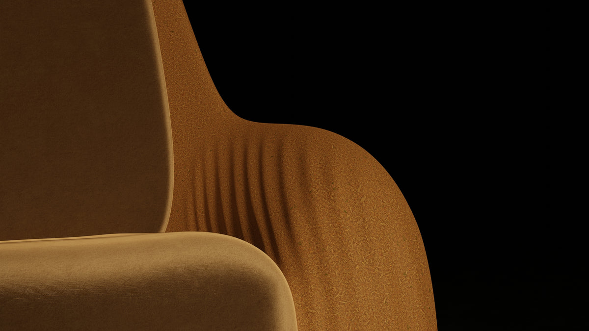 Wave-like carving on the inside arm of the Oyster Listening Chair