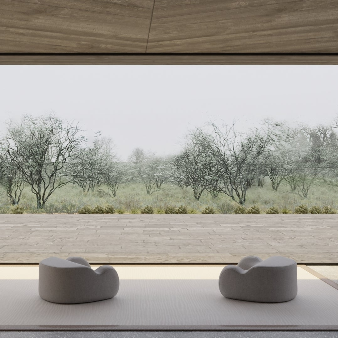 Two Oyster Meditation Chairs facing a garden in a wellness room concept