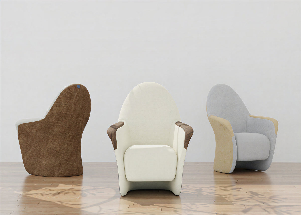 Three Attune chairs showing rear, front and three-quarter views in a light studio setting