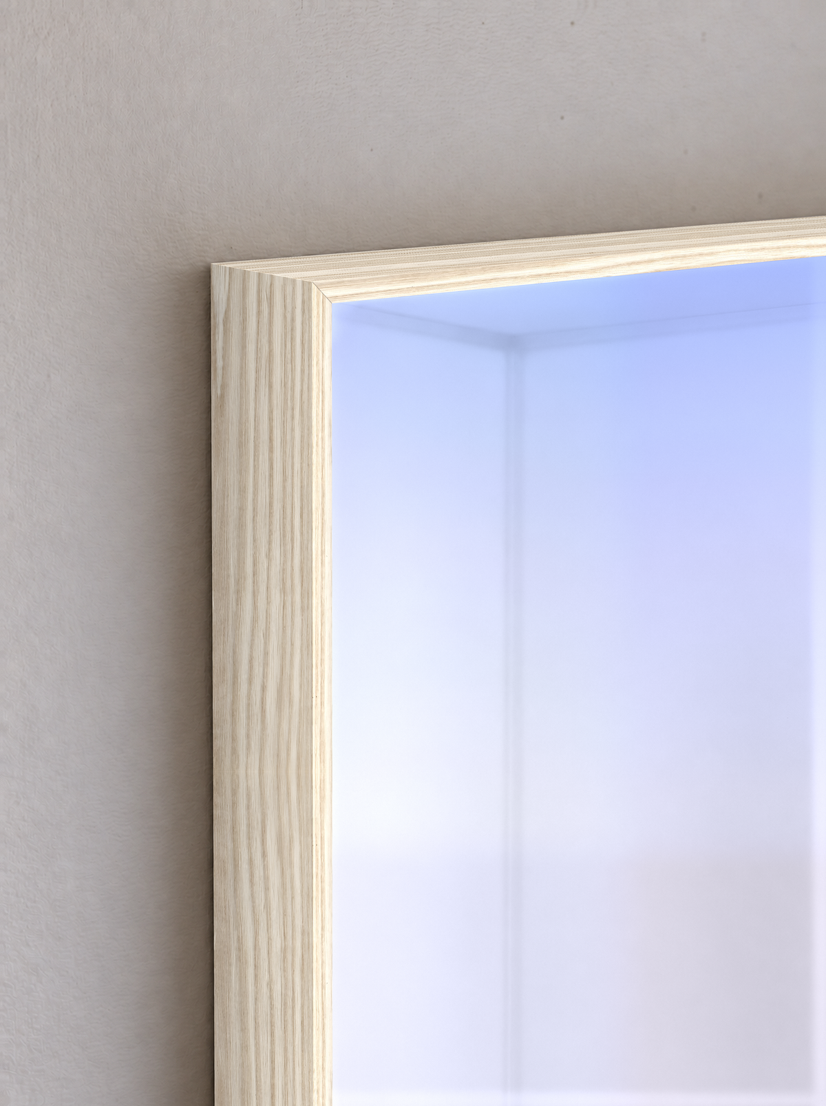 Circadia ash frame corner with cool blue light — illustrative finish detail