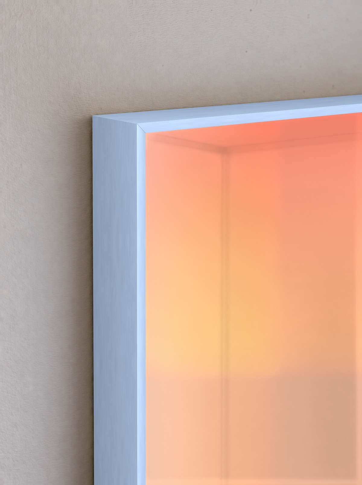 Circadia brushed pale blue anodized aluminum frame corner with peach light — illustrative finish detail