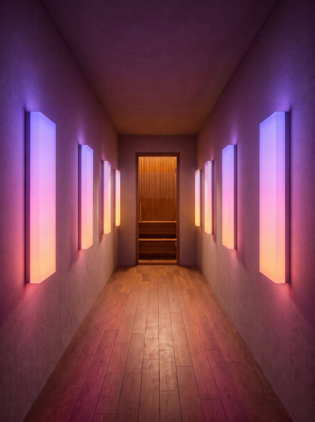 Rows of Circadia panels cast lavender and warm light through a corridor concept
