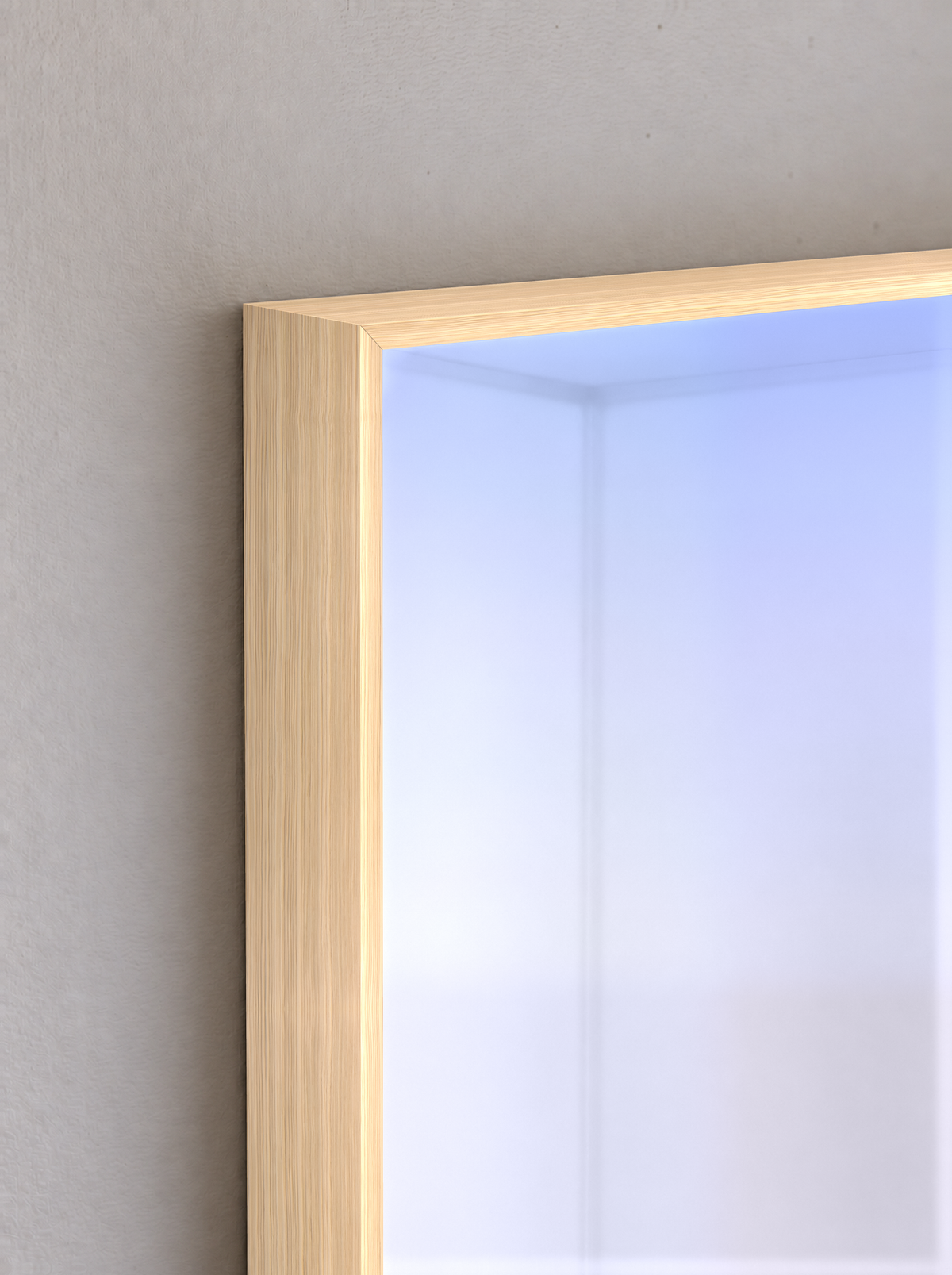 Circadia rift oak frame corner with cool blue light — illustrative finish detail