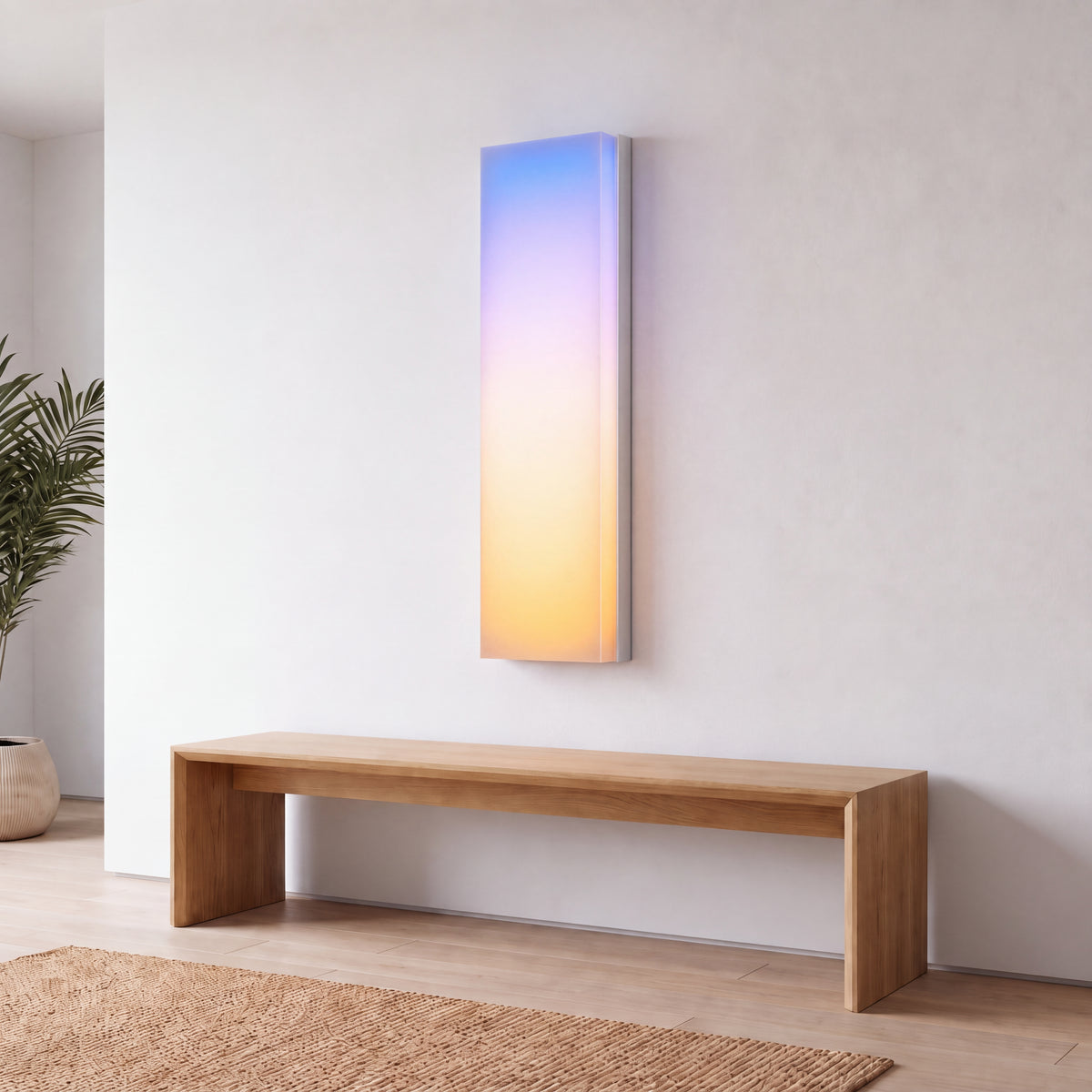 A Circadia panel with a blue-to-gold gradient above a wood bench in an interior study.