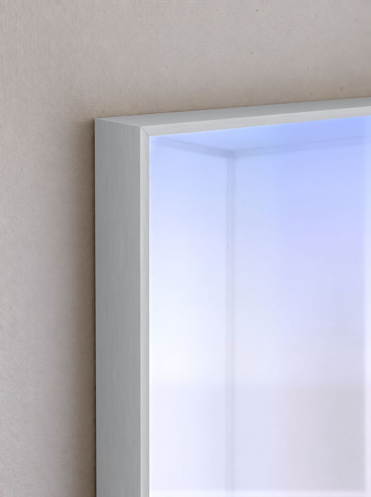 Circadia brushed clear anodized aluminum frame corner with cool blue light — illustrative finish detail