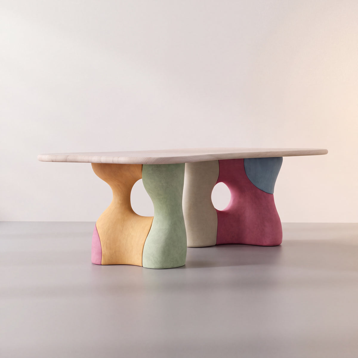 Impressions II with a pale wood tabletop above two bases of colored sculptural forms.