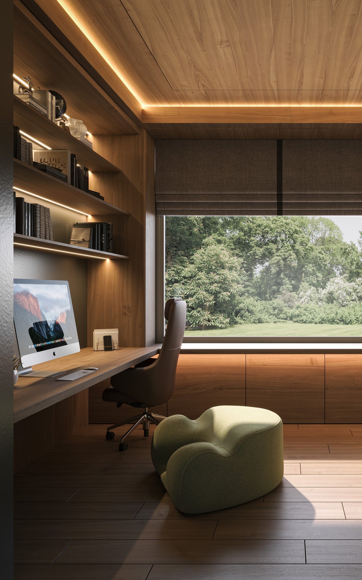 A green Oyster Meditation Chair at a desk in a wood-lined home office study.