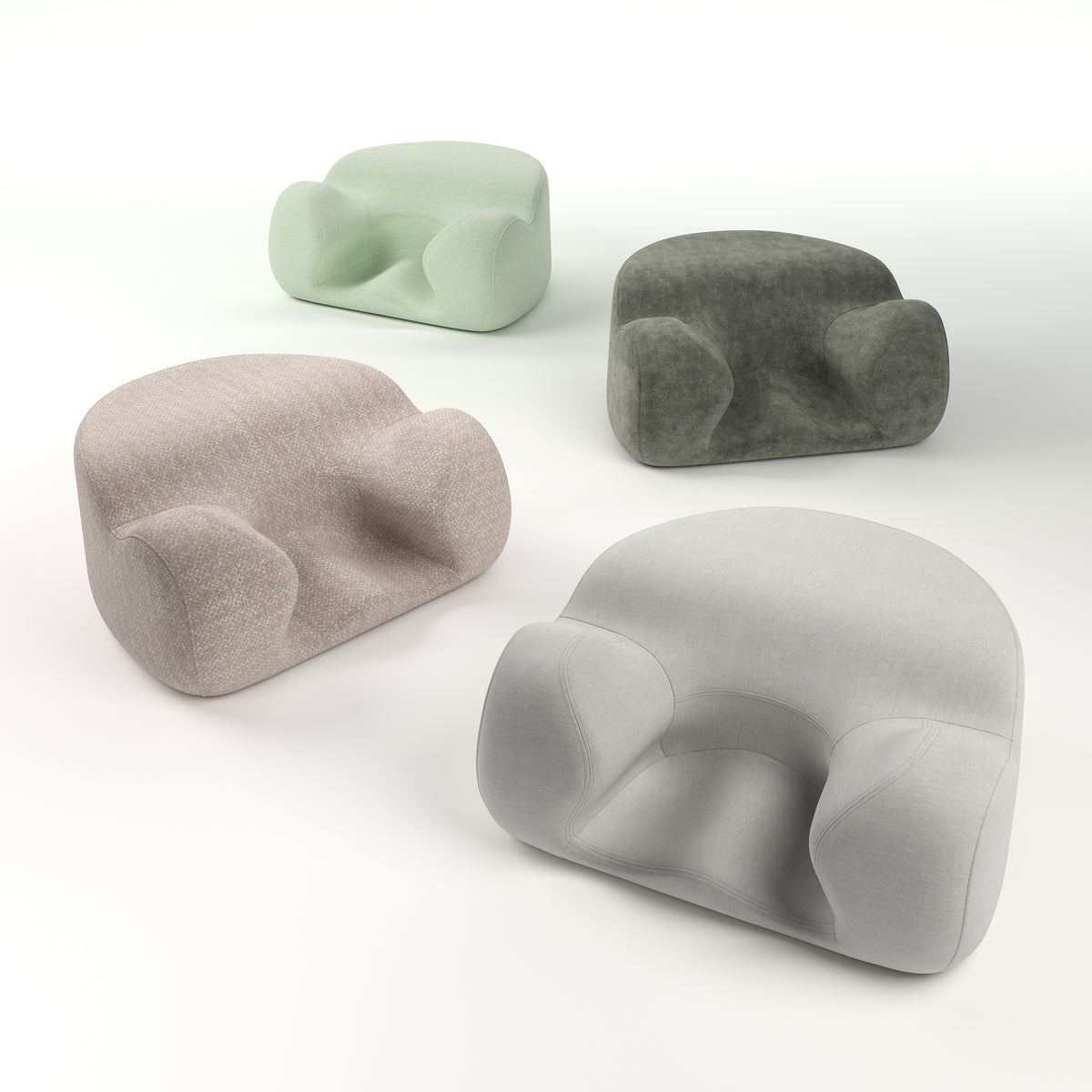 Four Oyster Meditation Chairs in pale, pink, green and dark upholstery studies.