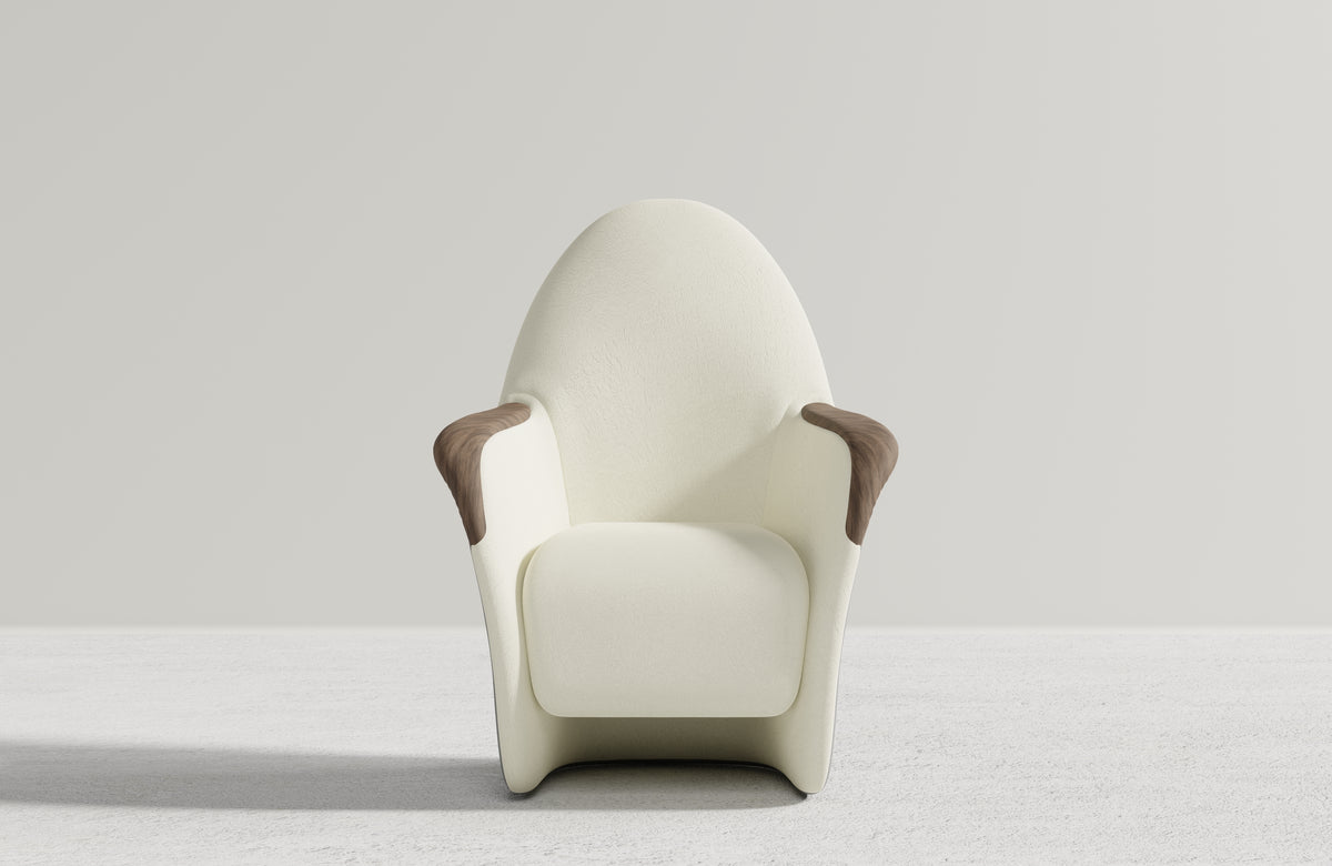 Front view of the Attune chair with white upholstery and dark timber handrests