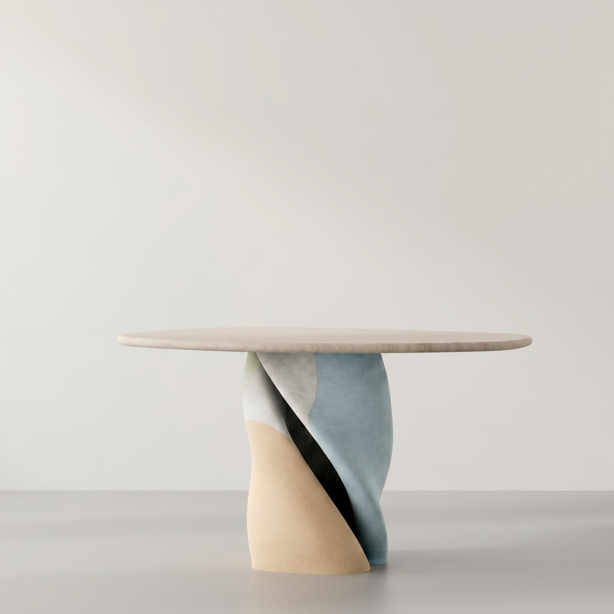 Impressions I round wood table with a single colorful sculptural base