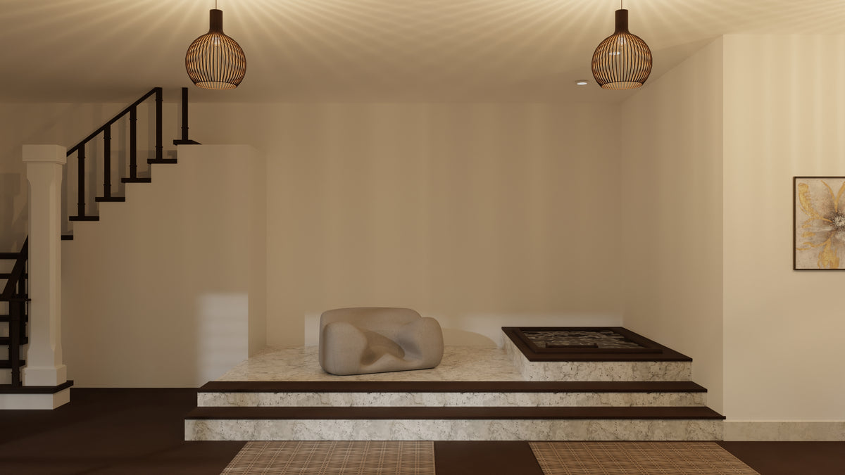 An Oyster Meditation Chair in a warm interior with a low table
